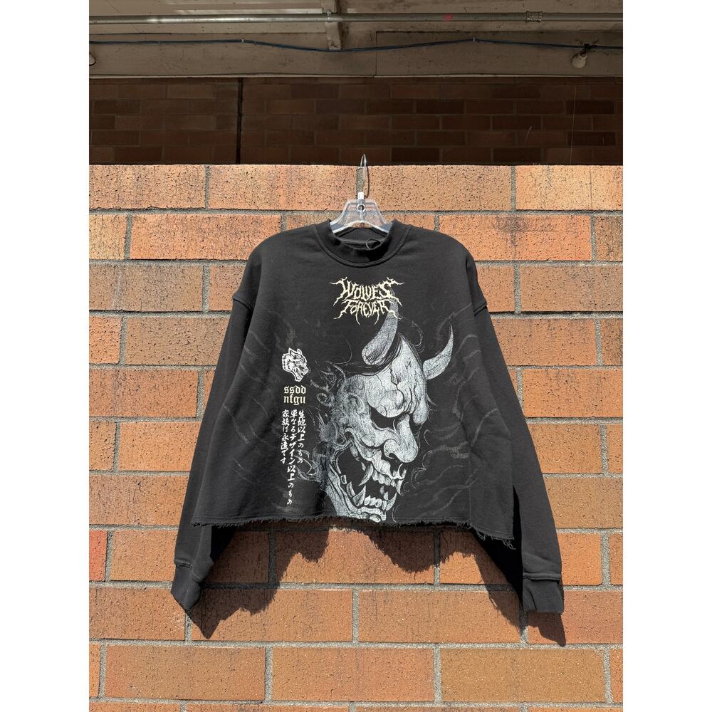 Darc Sport Hannya Inferno Raw Hem Box Cut Crewneck Sweatshirt Black Sun Fade